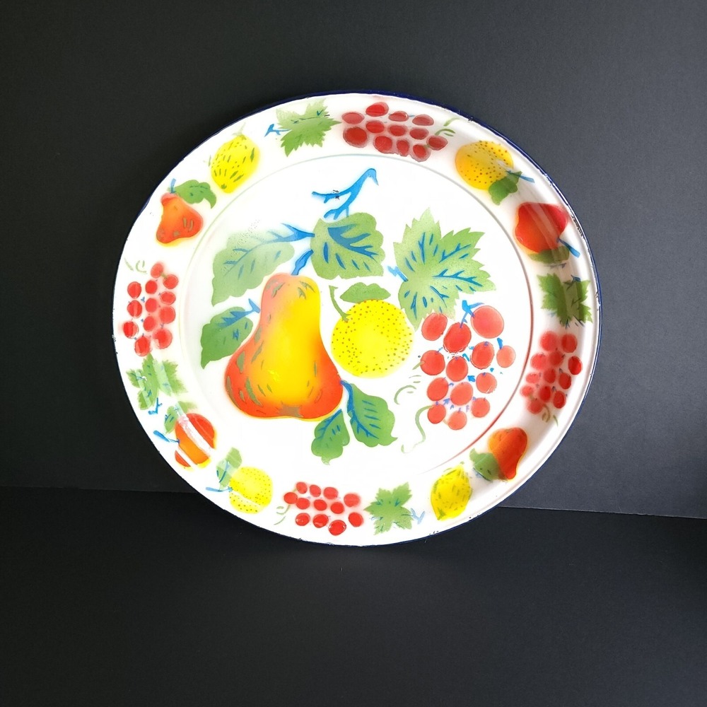 Colorful‎ Vintage Enamel Platter Fruit Pattern Large 14"
